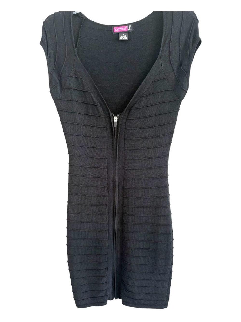 Say What? Black Ribbed Bandage Bodycon Front Zipper Mini Dress Size M